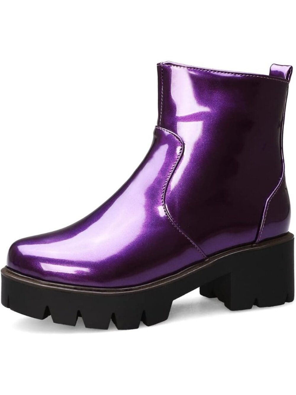 Women's Purple Ankle Boots Patent Leather Round Toe Platform ZIP Chunky Mid Heel